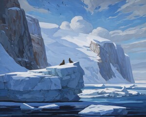 Arctic sentinel: Two seals perched atop icy landscapes in a frozen paradise painting