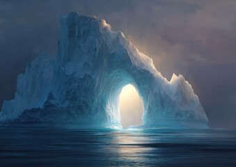 Arctic Majesty: A Glimpse Through the Ice Arch at Sunset with Reflections in Water