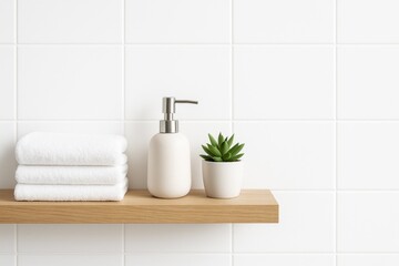 Fototapeta premium Modern Minimalist Bathroom Shelf with Neatly Arranged White Towels, Soap Dispenser, and a Small Potted Plant against a clean white tiled wall with copy space