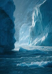 Serene arctic landscape with icebergs and icy waters under soft lighting in the north