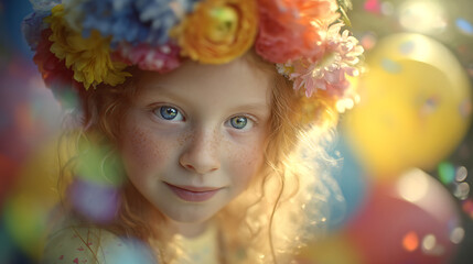 Fototapeta premium Vibrant close-up of joyful child with colorful face paint and flower crown, smiling under warm sunlight with pastel balloons in background. Innocent and happy childhood concept for International Child