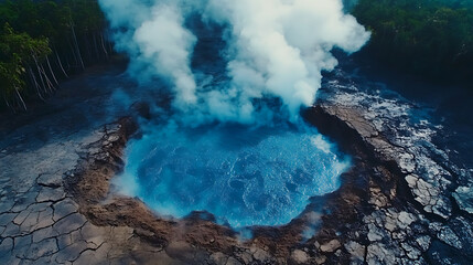 Aerial view of steaming geothermal pools with bubbling hot springs and cracked earth, showcasing volcanic activity and natural chaos in dramatic landscape.