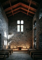 Rustic Chapel Interior with Stone Walls and Wooden Beams Evoking Serenity and Faith