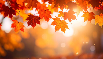 Autumn leaves background.  Maple leaves. Autumn background with leaves and sunshine. Foliage.