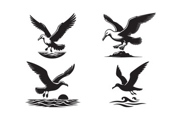 Seagull Bird Silhouette Vector Set Ocean, Flying, Retro Ink Style