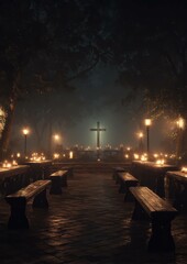 Nighttime Reverie: A Cross Illuminated by Candles in a Tranquil Garden Sanctuary