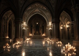 Gothic hall with candles, arched architecture and dim lighting creates a mysterious atmosphere