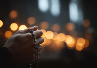 Hands holding rosary beads during prayer with blurred candle lights background
