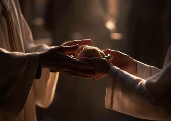 Close-up of hands sharing bread, symbolizing communion and community in faith tradition