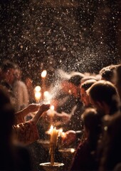 Illuminating traditions: candlelight ceremony with festive snow showers in a warm gathering