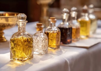 Assortment of elegant glass bottles filled with liquids on a white cloth, luxurious feel