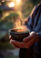 Steaming warmth: A person's cupped hands holding a ceramic bowl of hot liquid in nature