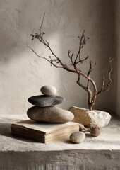 Zen Still Life with Balanced Stones, Book, and Branch for Calmness and Reflection