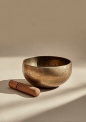Meditative still life: Singing bowl and mallet in calming natural light ambiance