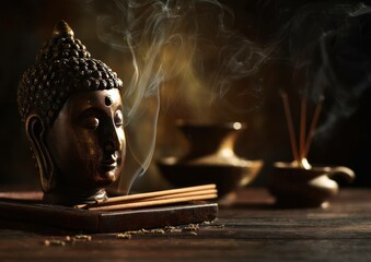 Buddha Statue with Incense Sticks Creating a Serene and Spiritual Atmosphere, Close Up