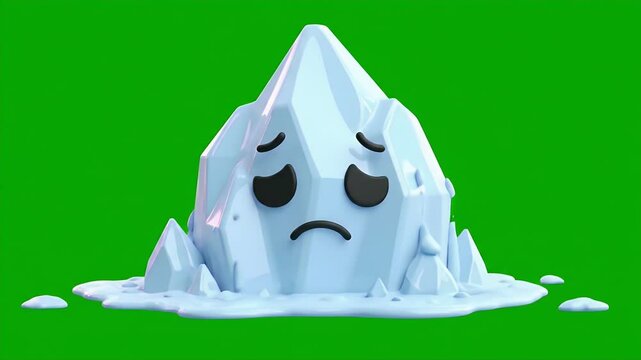 Cartoon Style Cute Iceberg Character Isolated by Green Screen with Sad Expression and Melting Look in 3D Render