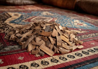 Pile of authentic agarwood chips on vibrant patterned oriental rug for aromatherapy