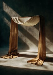 Abstract draped fabric sculpture illuminated by soft natural sunlight creating shadows