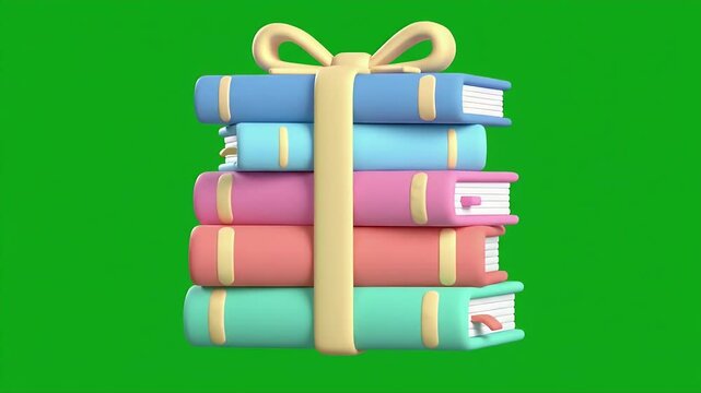 Cartoon Book Stack Tied with Ribbon on Green Screen Background for Back to School Theme