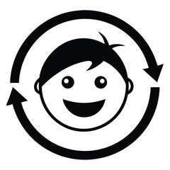 Smiling face icon with arrows in circle black and white design