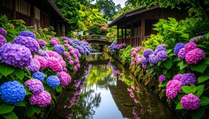 川辺に咲く紫陽花と水面の反射美