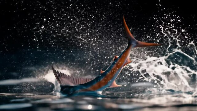 Sailfish leaps from dark waters sparkling with light in a nighttime ocean scene