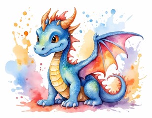 Fototapeta premium Adorable Baby Dragon Watercolor Illustration with Colorful Splashes