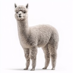 Fototapeta premium Adorable Alpaca Portrait. Fluffy Livestock on Farm Cute Animal with Bushy Eyebrows & Fleece Standing Against White Background