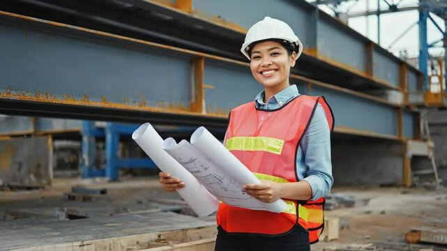 Confident female engineer holding blueprints at a construction site, her white safety helmet protect her