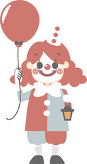 happy halloween holiday festival with boy wearing bozo clown joker costume holding balloon and lamp , flat png illustration cartoon character costume design