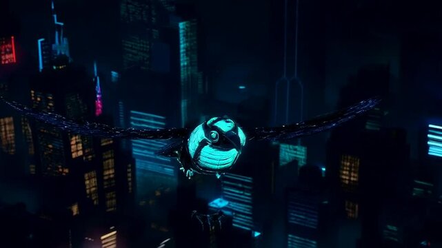  a cyberpunk raven soaring over a black city.