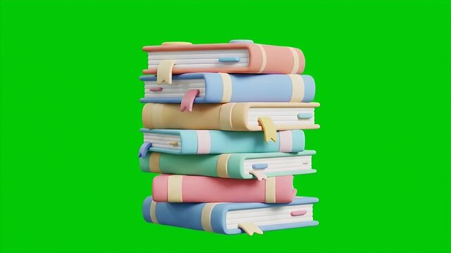 Pastel Cartoon Books Stack 3D Render on Green Screen
