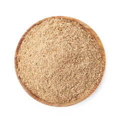 Superfood. Coriander powder in bowl isolated on white, top view