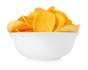 Tasty chips in bowl isolated on white