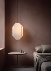 Geometric pendant lamp in a muted rose bedroom.