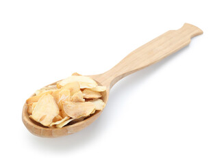 Dried garlic in wooden spoon isolated on white