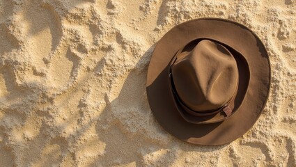 Brown Felt Fedora on Sunlit Sand with Sharp Shadow