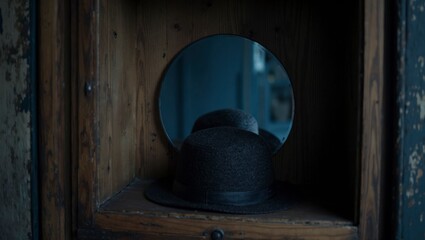 Vintage Black Fedora in Wooden Display Case with Mirror