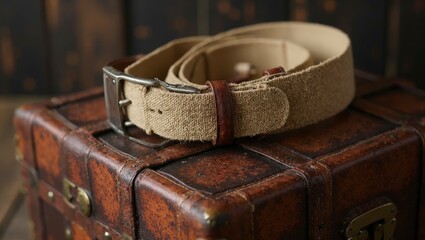 Aged Leather Belt on Vintage Suitcase with Library Backdrop
