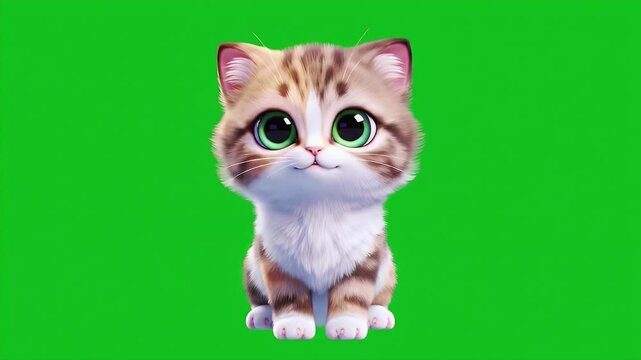Cute Cartoon Kitten with Big Green Eyes Isolated by Green Screen in 3D Animation Style