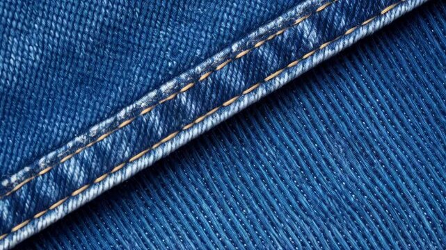 Extreme close-up view of blue denim fabric with double stitched seam, displaying textured twill pattern