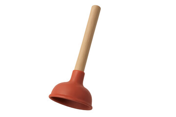 Plunger with red rubber suction cup, wooden handle, positioned for drain unclogging and plumbing maintenance on clean background