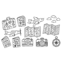 Travel adventure vacation passport camera map airplane suitcase compass journey tourism trip sketch