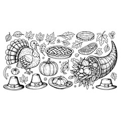 Thanksgiving autumn harvest cornucopia turkey pumpkin pie leaves pilgrim hat drawing illustration art
