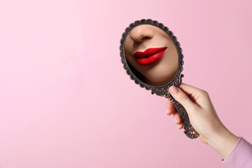 Beautiful woman with red lips looking in handheld mirror on pink background, closeup