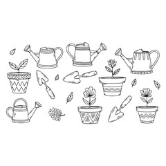 Hand drawn gardening tools watering cans plants in pots vector illustration line art design element is here