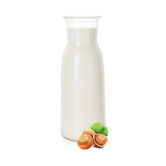 Nut milk in glass bottle and hazelnuts isolated on white