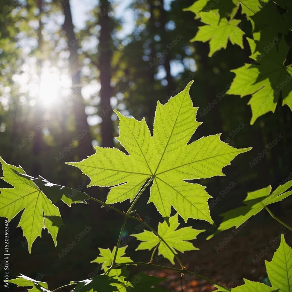 Canvas Prints sunlight shining through green maple leaves in a serene forest setting