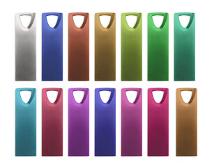 Colorful flash drives isolated on white, collage. Top view