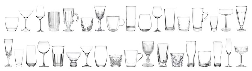 Different empty clean glassware on white background, collage